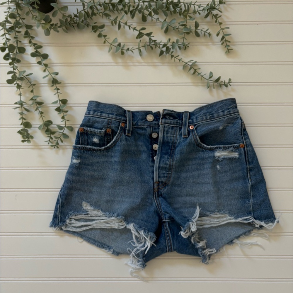 Levi's Distressed Dark Blue Denim Cutoff Shorts